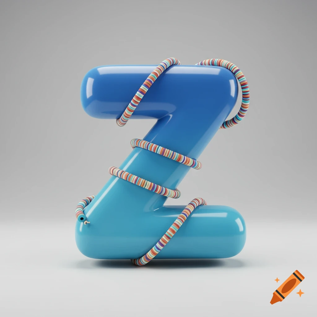 A shiny, rounded blue letter Z with a subtle ombre effect, wrapped with colorful striped beaded bracelets.