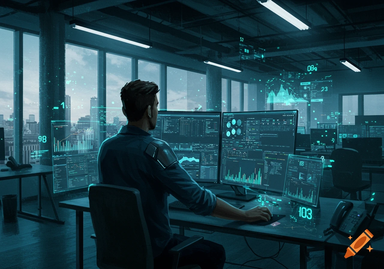 Man in a modern office with a city view, working at multiple computer screens and holographic data projections, digital art style.