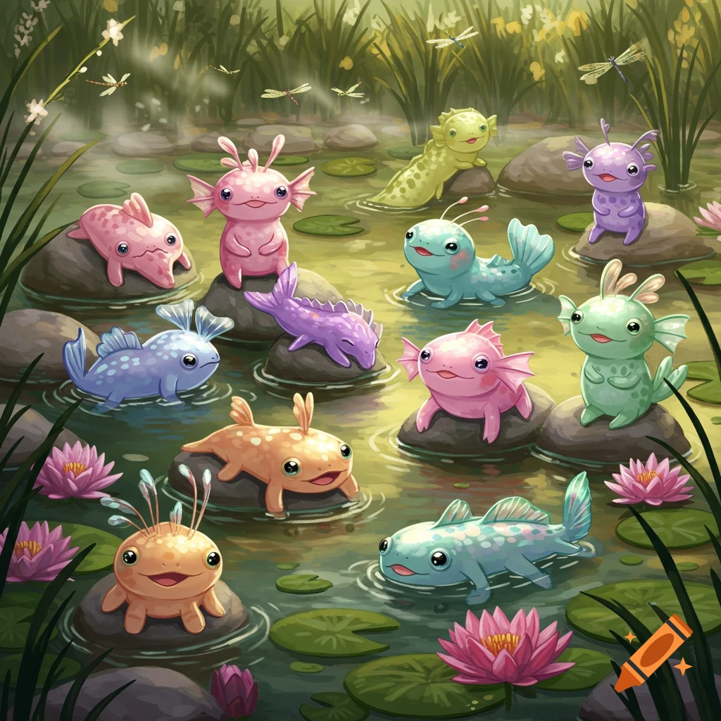 A whimsical illustration of many colorful, cute, cartoon-style Axolotl-like creatures in a pond with lily pads and dragonflies.