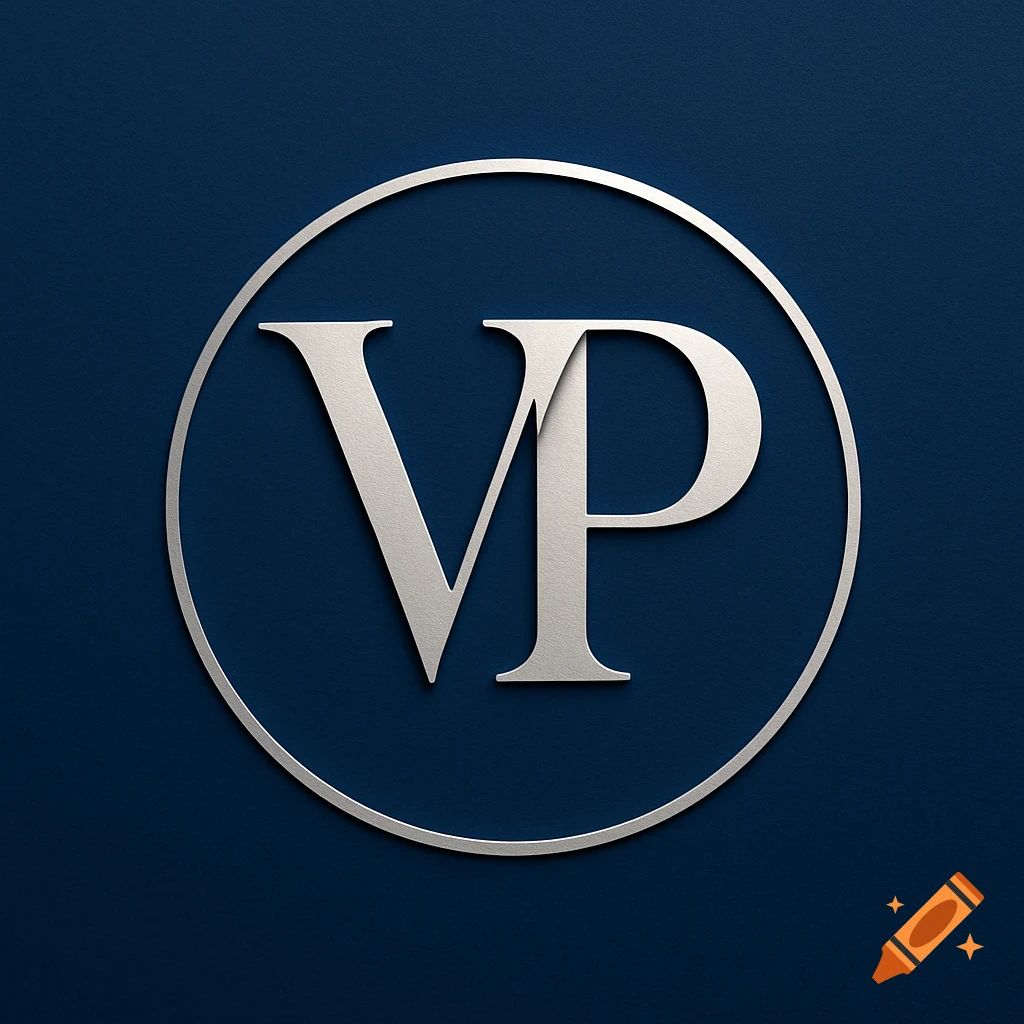 A metallic silver 'VP' monogram inside a silver circle, set against a dark blue background, designed as a logo.