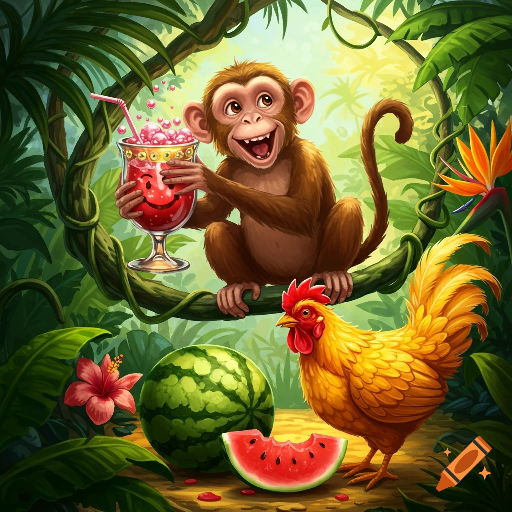 A cartoon monkey on a vine holds a pink drink, while a chicken stands next to a watermelon in a vibrant jungle setting.