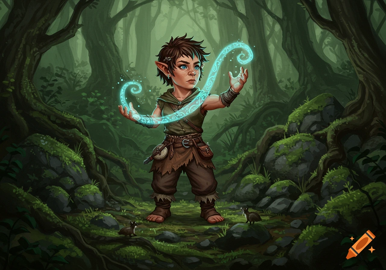 An illustrated halfling sorceress casting blue glowing magic in a dark, mossy forest.
