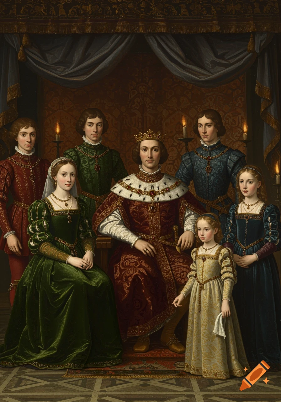 An oil painting of a royal family: a king, a queen, and several children, dressed in rich 1400s attire.