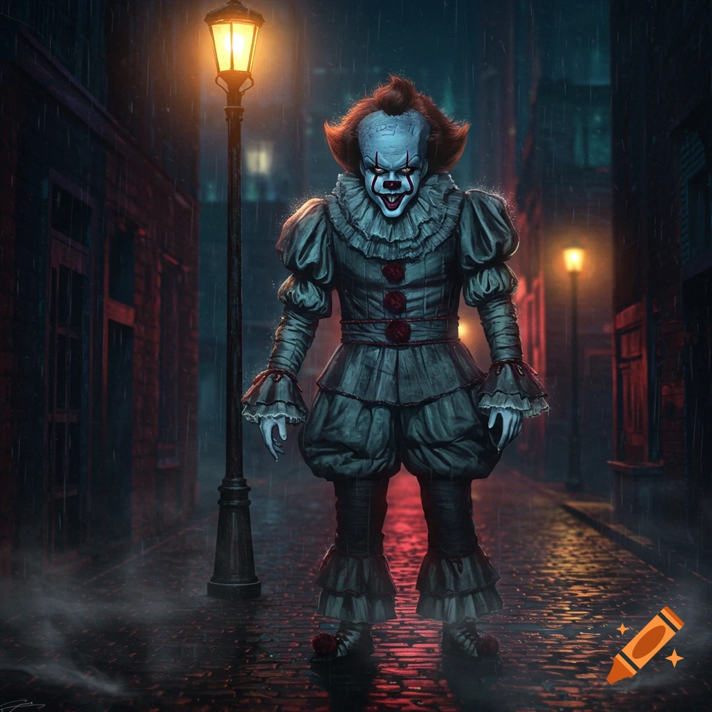 Photorealistic Pennywise the clown stands in a dark, rainy alley under a glowing street lamp.