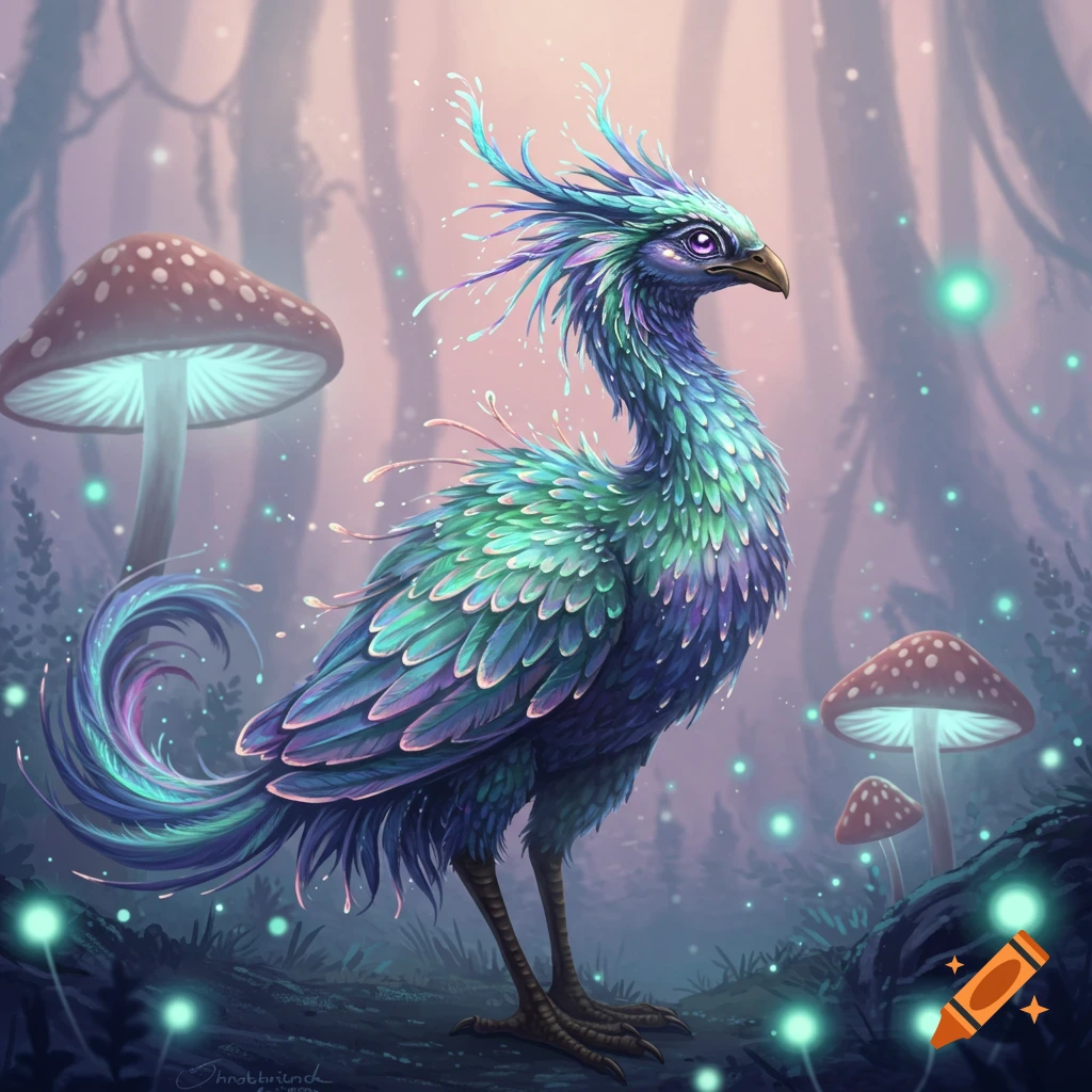 A vibrant fantasy bird with blue and green feathers and a crest stands in a glowing forest with large mushrooms.