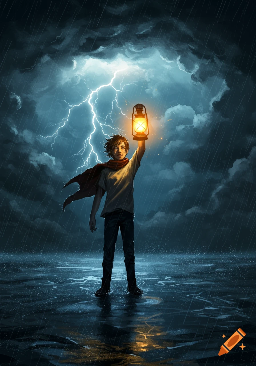 A young person stands defiantly in a heavy rainstorm with lightning, holding a glowing lantern upwards in a digital painting.