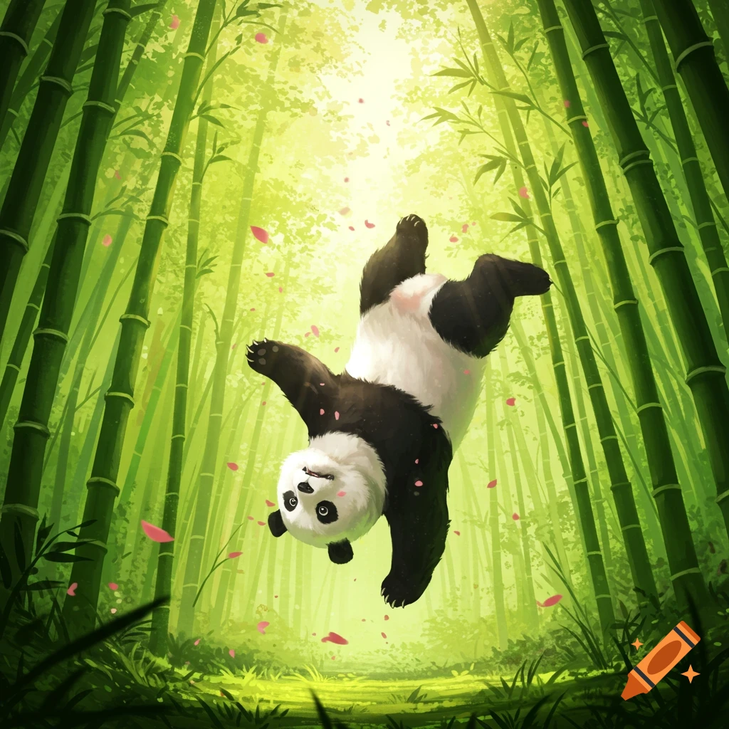 A whimsical illustration of a panda doing a backflip in a vibrant bamboo forest with pink petals.
