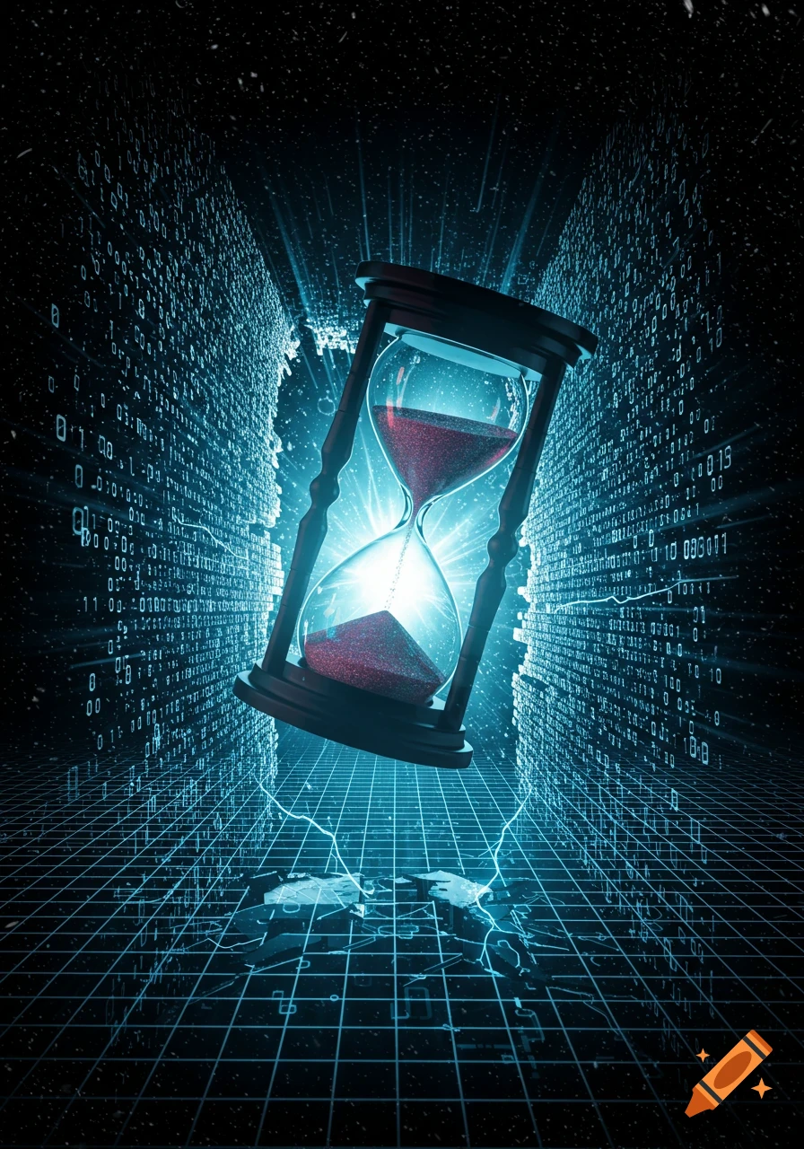 A glowing hourglass with red sand is centered, surrounded by streams of blue binary code and digital grid lines on a dark background.
