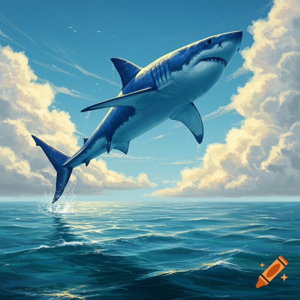 A blue and white shark leaps high out of a deep blue ocean, creating a splash under a partly cloudy sky. Digital painting style.