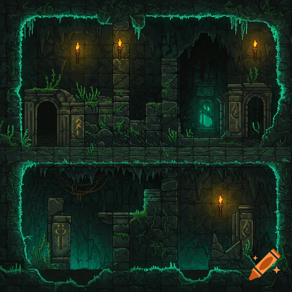 A pixel art dungeon interior with stone blocks, glowing green moss, torches, archways, and ancient runes.