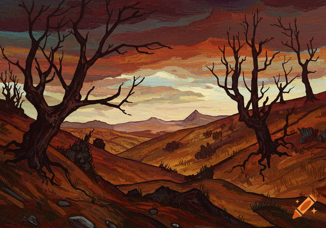 A dramatic expressionist landscape painting featuring dark, barren trees on rolling hills under a cloudy, reddish-orange sky.