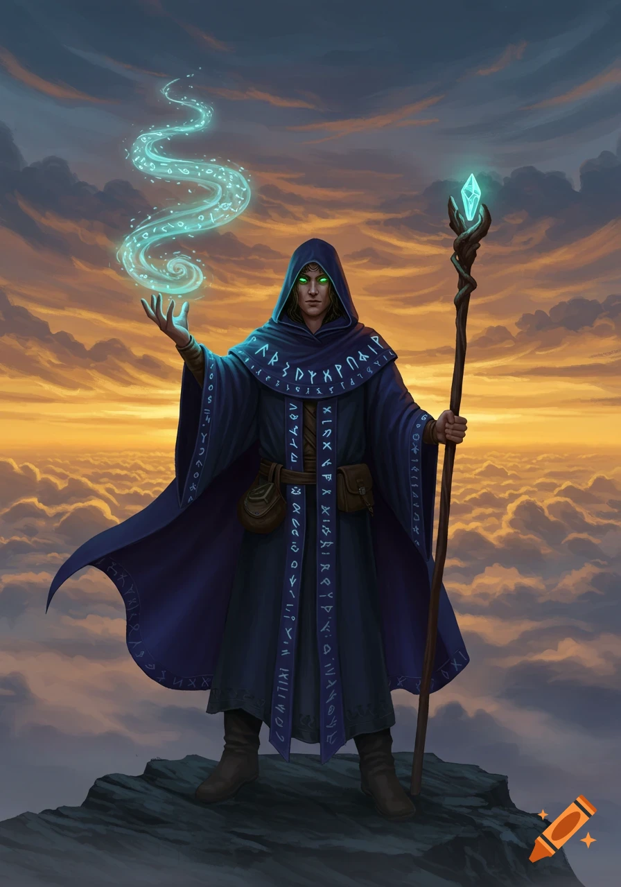 A powerful mage in a dark blue hooded robe stands on a mountaintop at sunset, casting a swirling turquoise magic spell from his hand while holding a glowing staff.