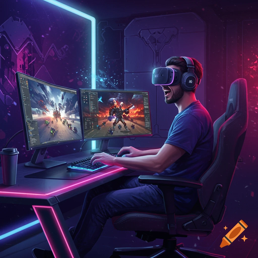 A man wearing a VR headset and headphones plays a video game on two monitors in a futuristic room with neon lighting. Digital art style.