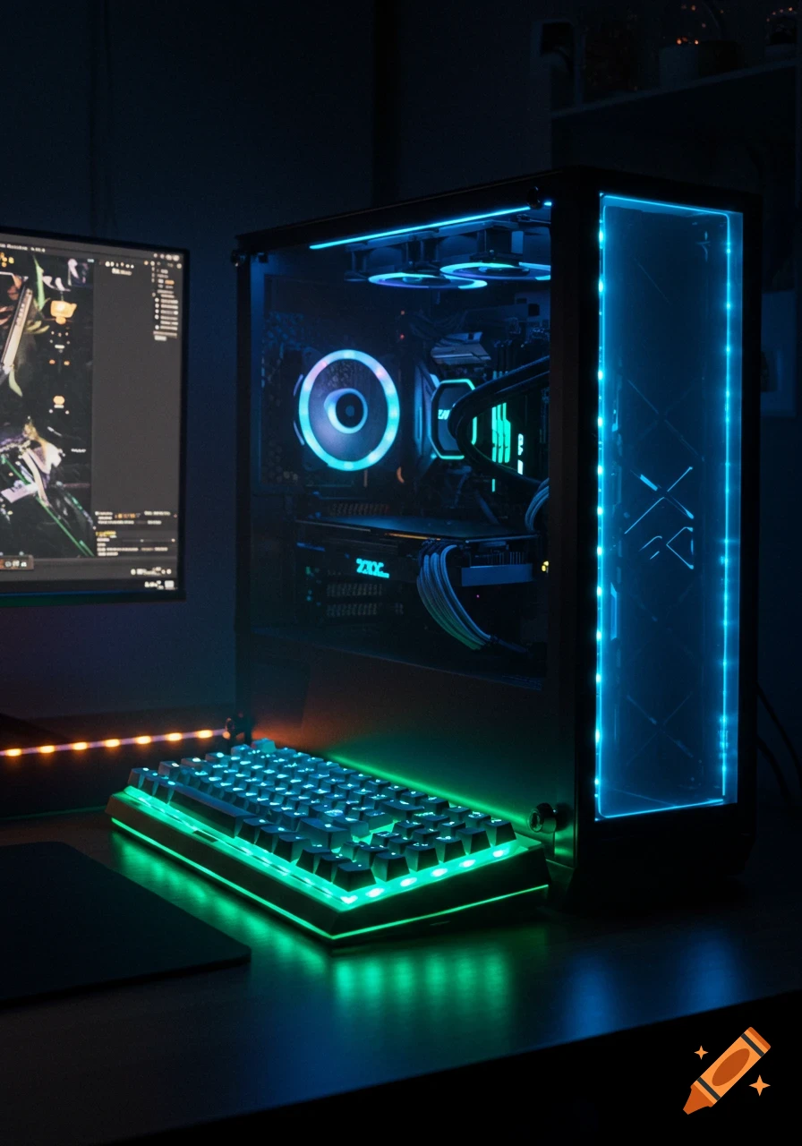 A gaming computer setup featuring a transparent PC case with colorful ...