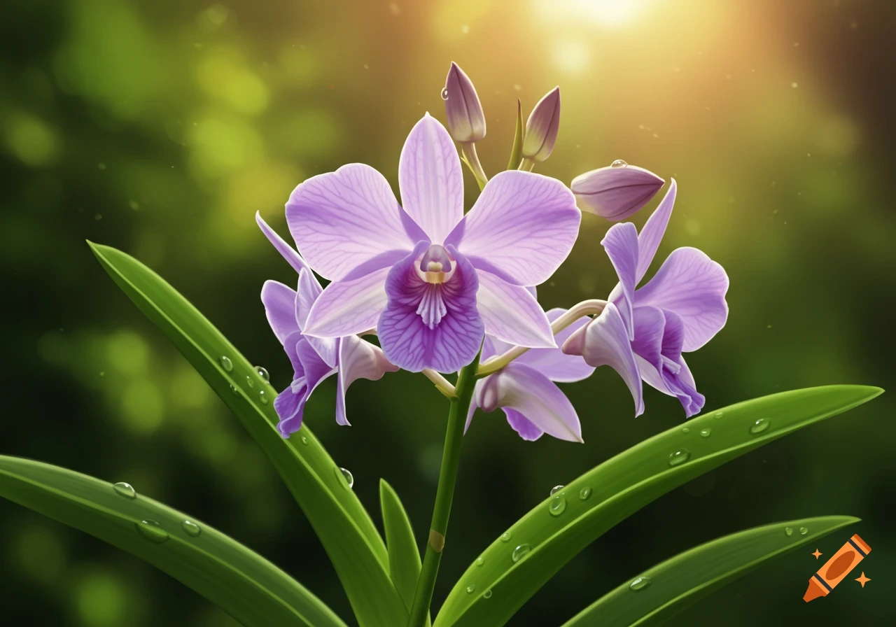 Vibrant light purple orchids with green leaves and water droplets under warm sunlight.