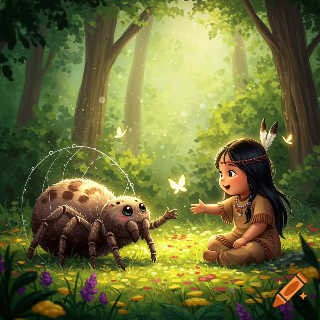 A cute cartoon Native American girl sits in a sun-dappled forest, reaching out to a friendly, large spider, with butterflies around them.