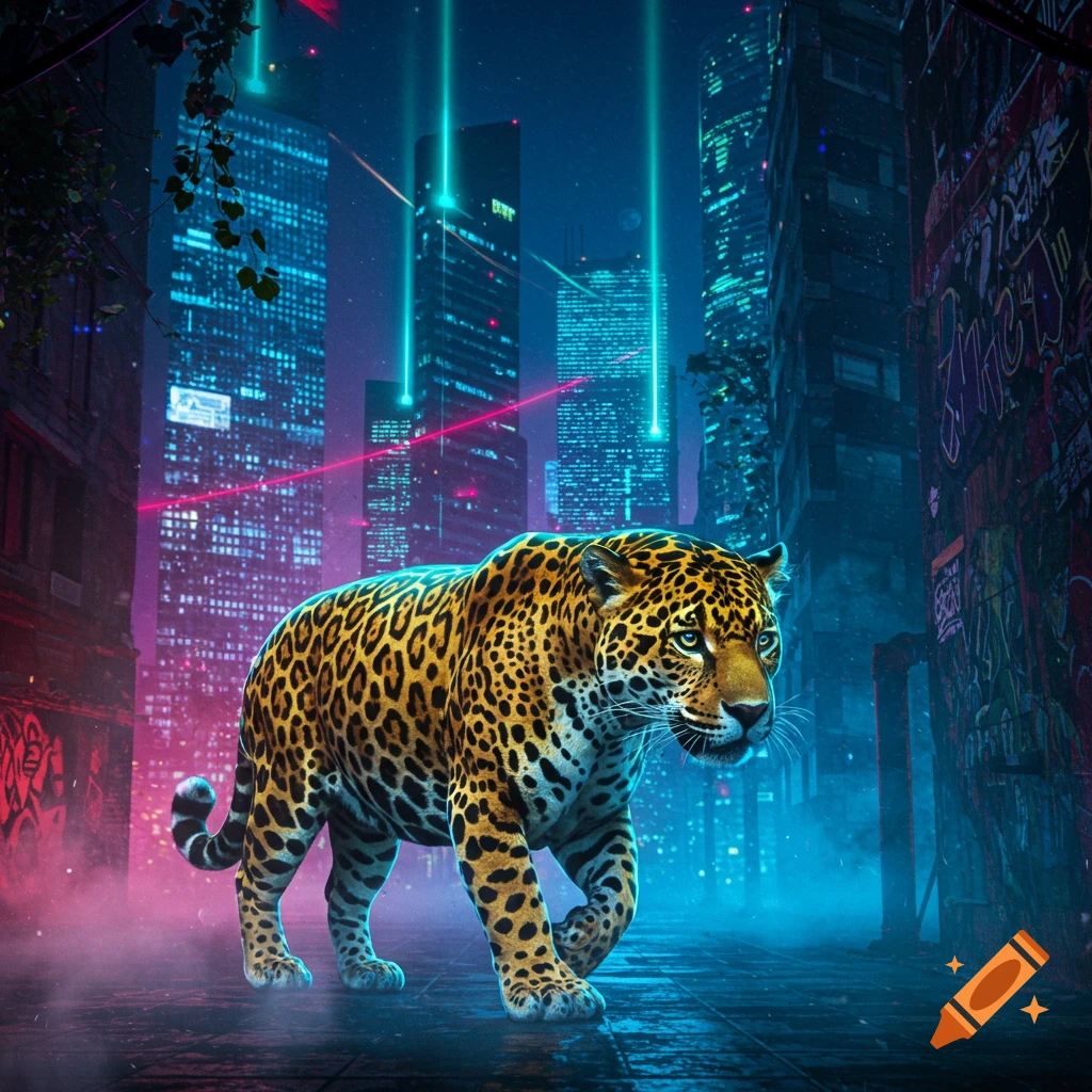 Neon jaguar walks on a street in a vibrant cyberpunk city at night with glowing buildings and laser lights.