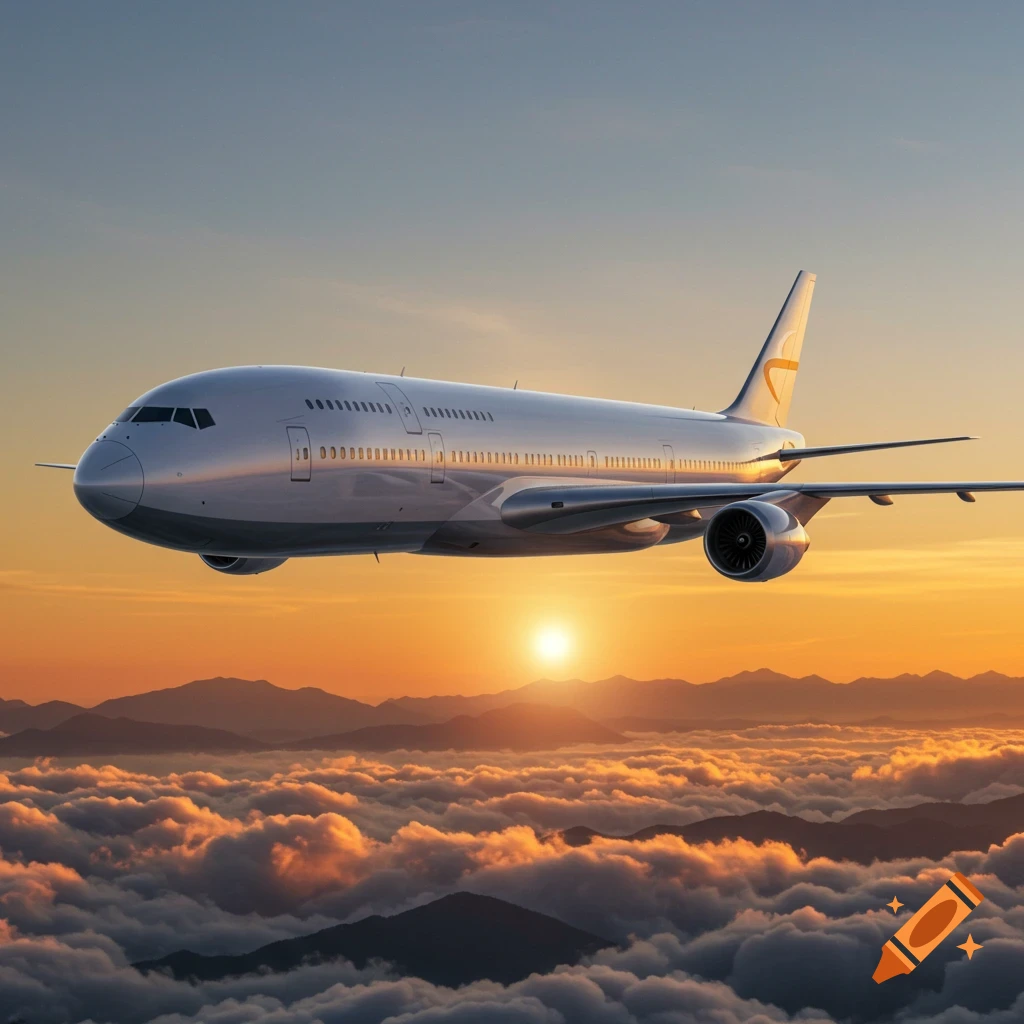 A photorealistic airplane flying above clouds and mountains during a golden sunset.