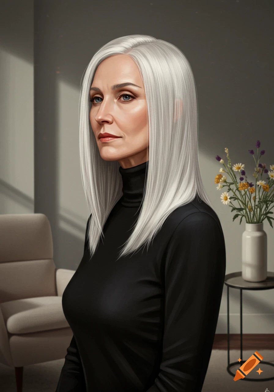 Photorealistic portrait of a woman with chin-length grey hair, blue eyes, and a black turtleneck, looking left indoors.