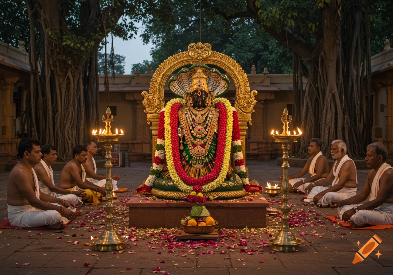 A Hindu deity statue decorated with garlands, surrounded by men performing a religious ceremony in a temple, with glowing oil lamps and flower petals.