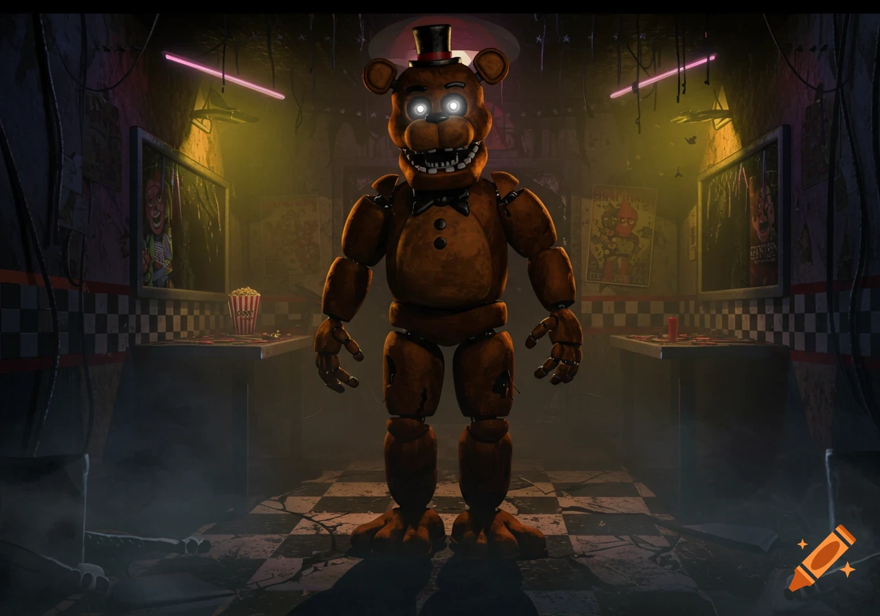 Freddy Fazbear stands with glowing eyes in a dark, abandoned pizzeria dining room with checkered floors and eerie lighting.