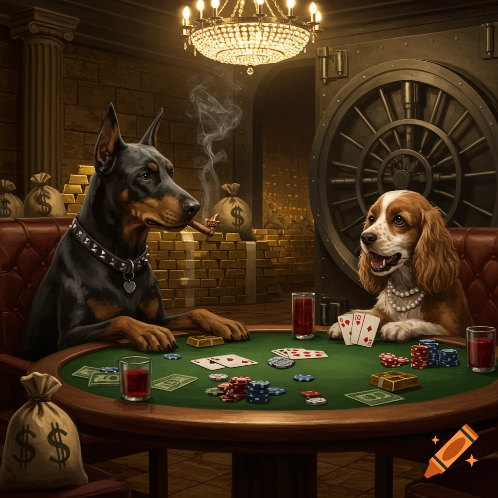 An anthropomorphic Doberman and Cocker Spaniel playing poker in a luxurious bank vault filled with gold.