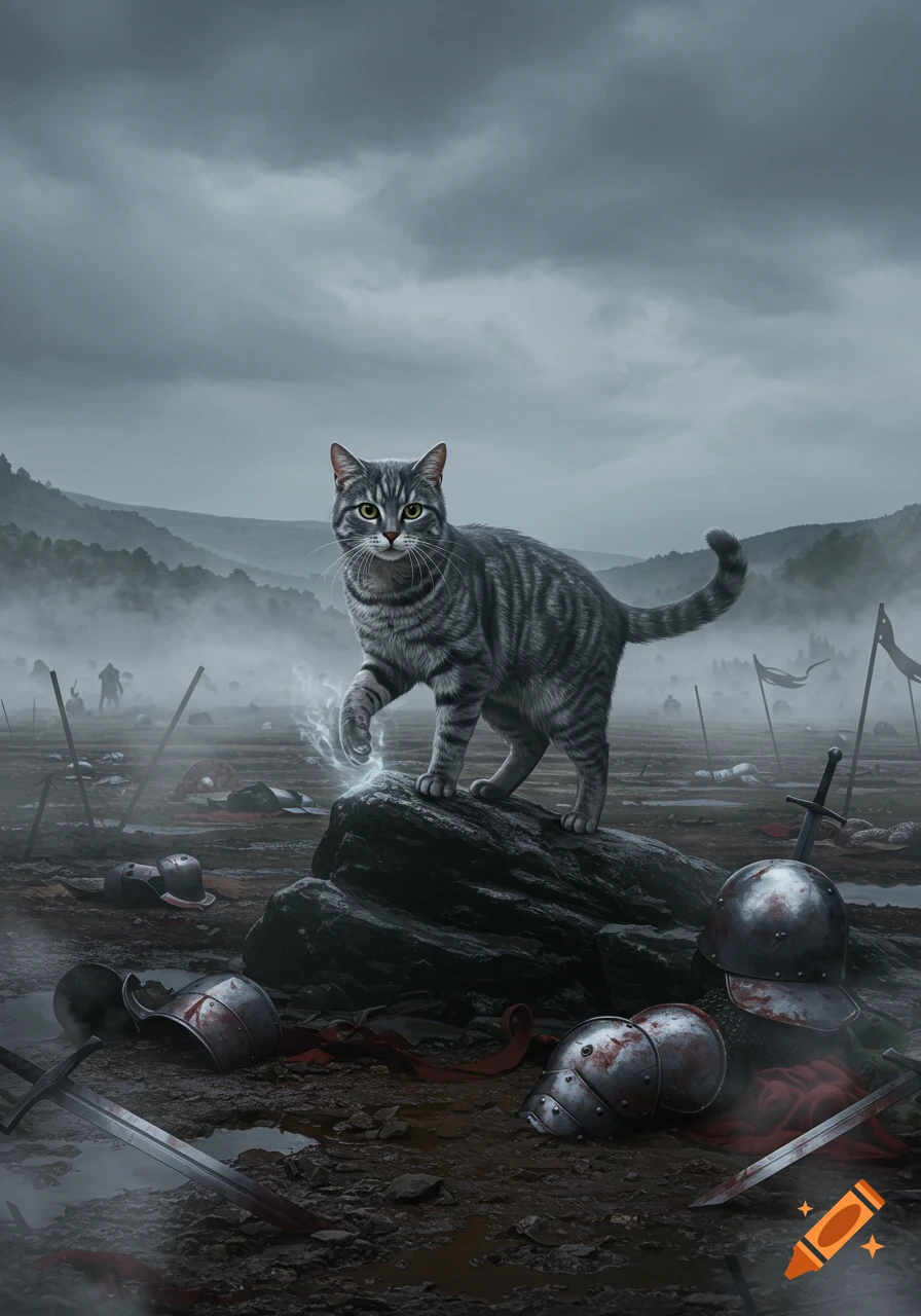 A grey tabby cat with a glowing paw stands on a rock on a desolate, muddy battlefield under a cloudy sky, littered with armor.
