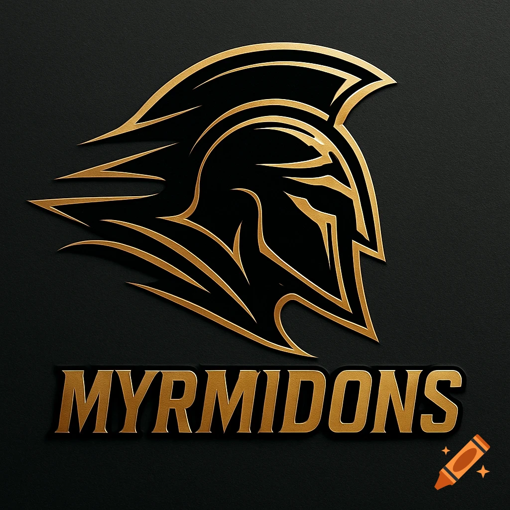 Black and gold stylized logo featuring a Spartan helmet above the word MYRMIDONS on a dark textured background.