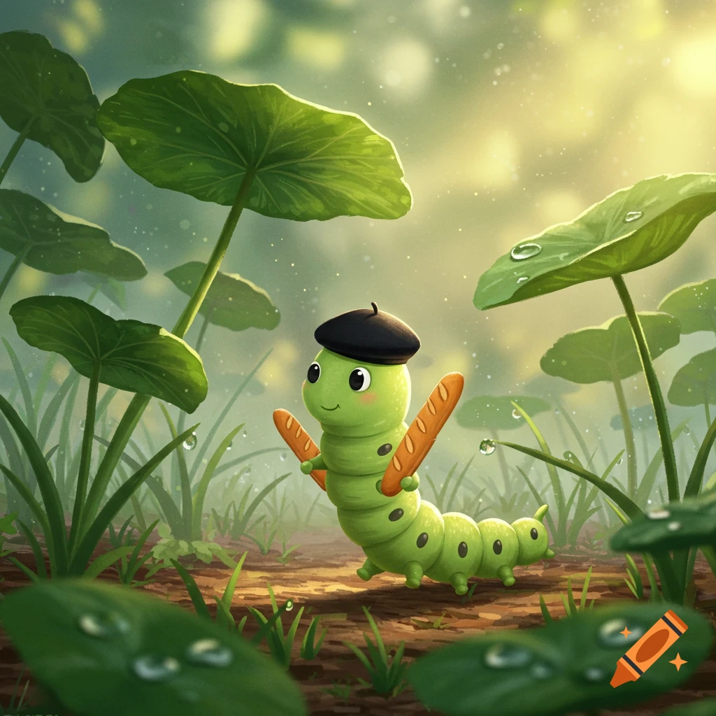 A cute green caterpillar wearing a black beret holds two baguettes while walking through a lush, dewy green garden in a cartoon style.