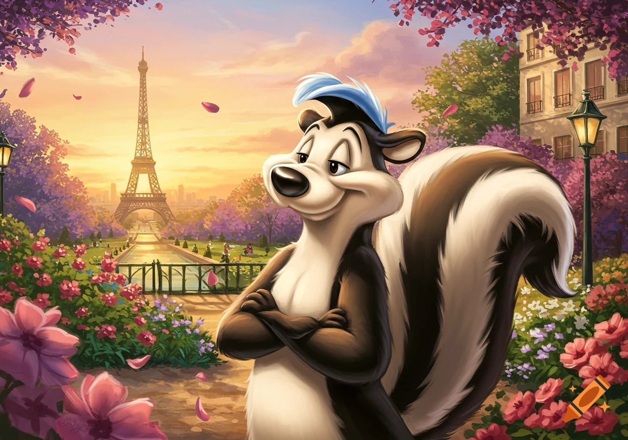 Cartoon Pepe Le Pew stands in a vibrant Parisian garden with the Eiffel Tower visible in the background at sunset.