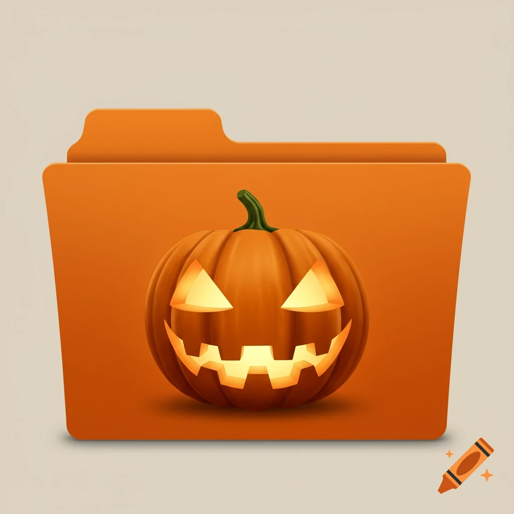A digital icon of an orange folder featuring a glowing jack-o'-lantern on its front, against a light background.