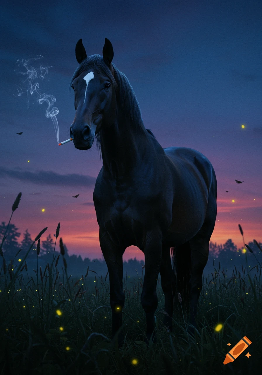 A black horse with a white blaze smokes a cigarette in a field of fireflies at dusk, under a vibrant sunset sky.