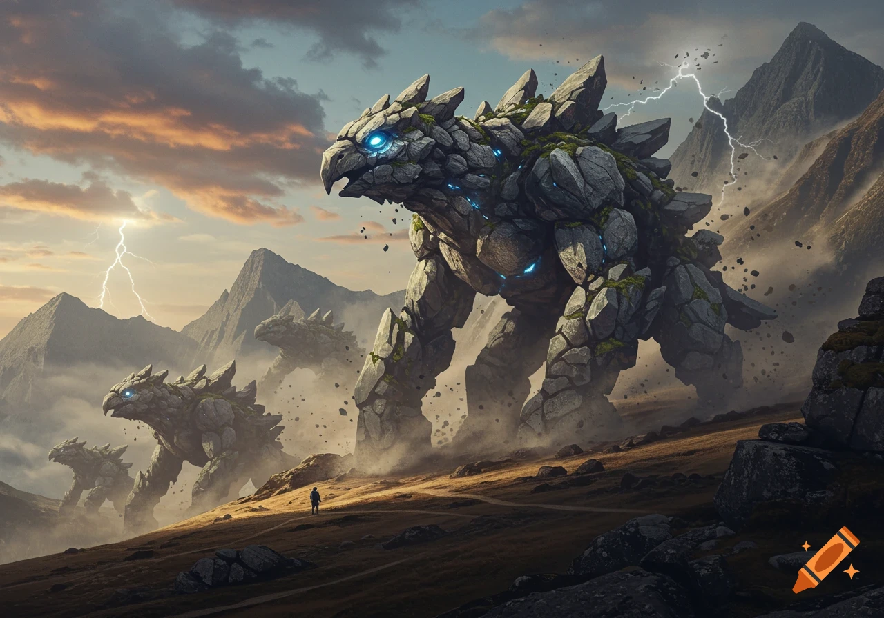 Giant, bird-like rock monsters with glowing blue eyes march down a stormy mountain landscape with a tiny human figure.