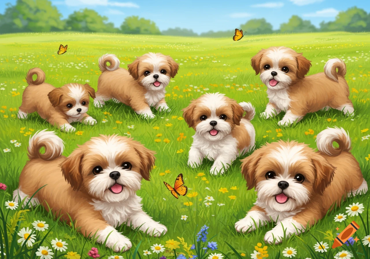 Six cute Shih Tzu puppies play in a sunny green field dotted with wildflowers and butterflies, cartoon style.