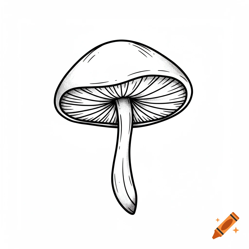 Minimalist black and white line art illustration of a mushroom with stippling detail under the cap and on the stem.