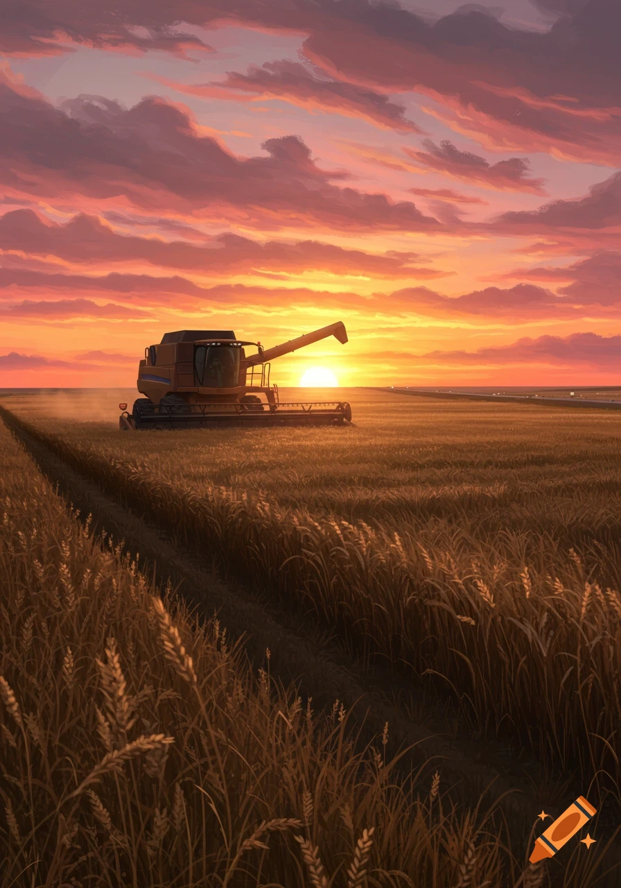 A combine harvester works in a golden wheat field under a dramatic orange and purple sunset. Stylized realism.