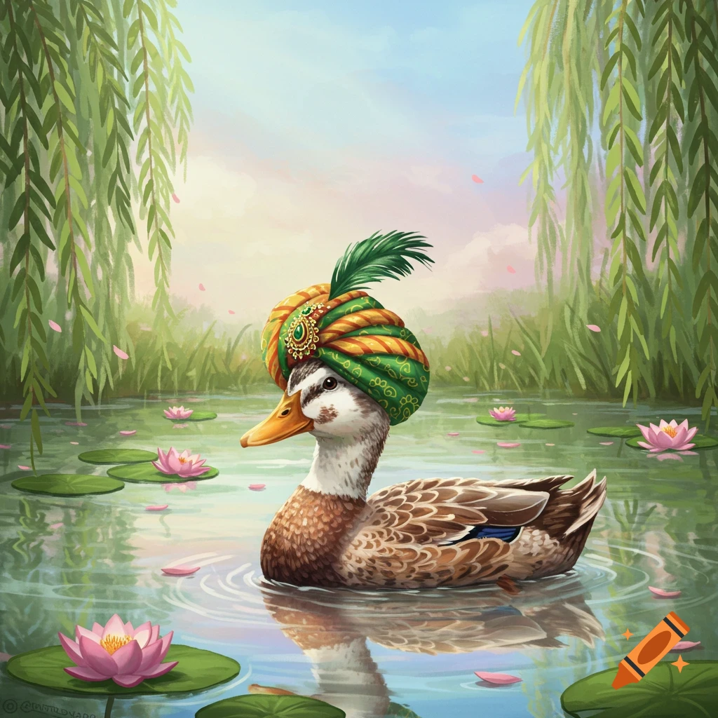 A duck wearing an ornate green and gold turban with a feather swims in a pond with pink lily pads and willow trees.