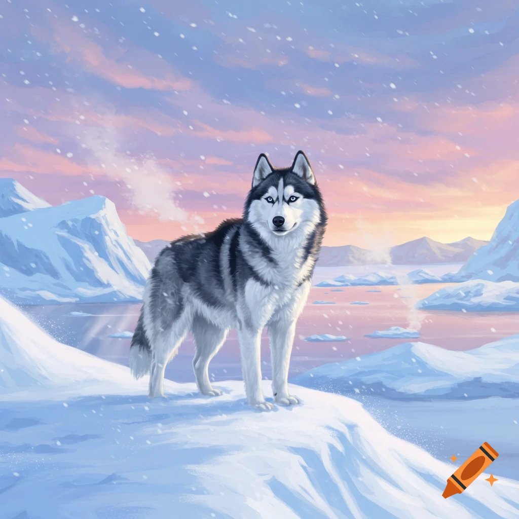 Digital painting of a black and white husky with blue eyes standing on a snowy hill, looking out over an icy sea under a colorful sunset sky.