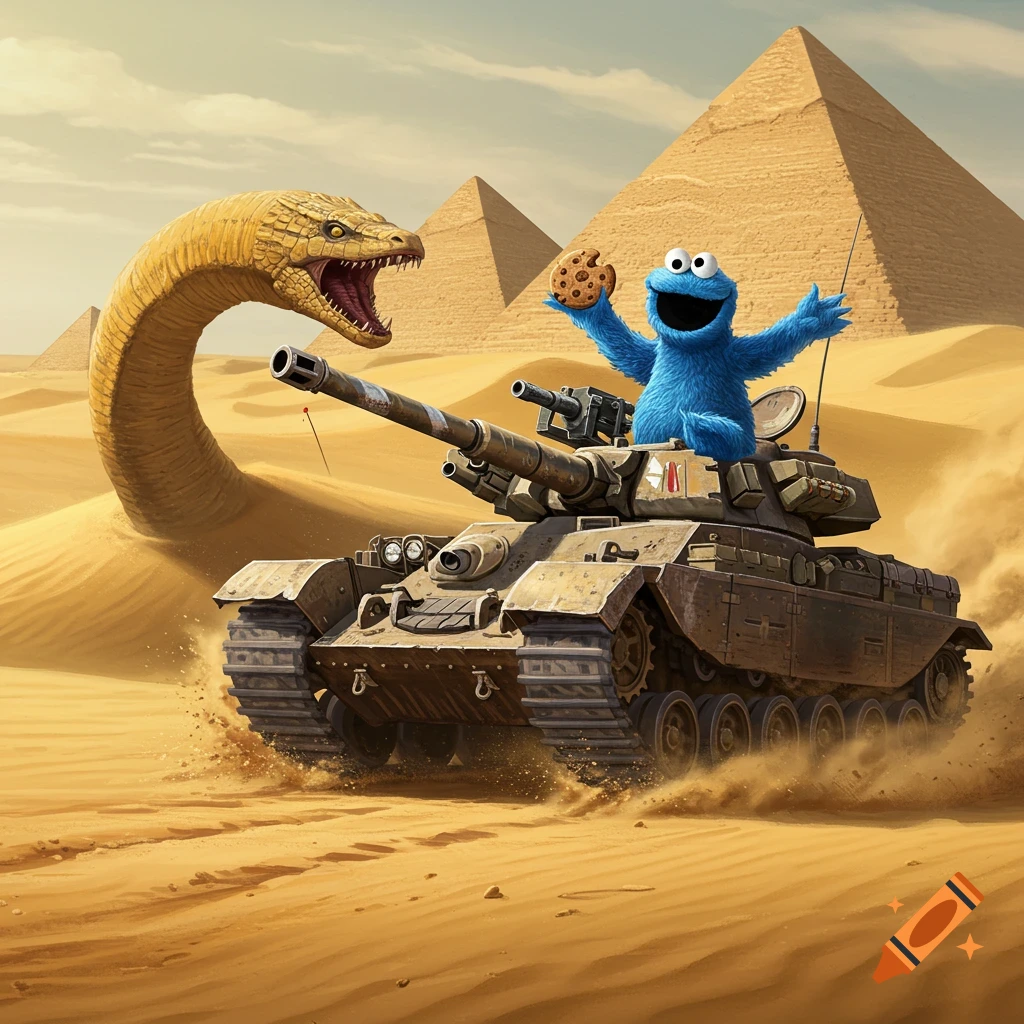 Cookie Monster riding a tank in an Egyptian desert with pyramids, holding a cookie and facing a giant sandworm.