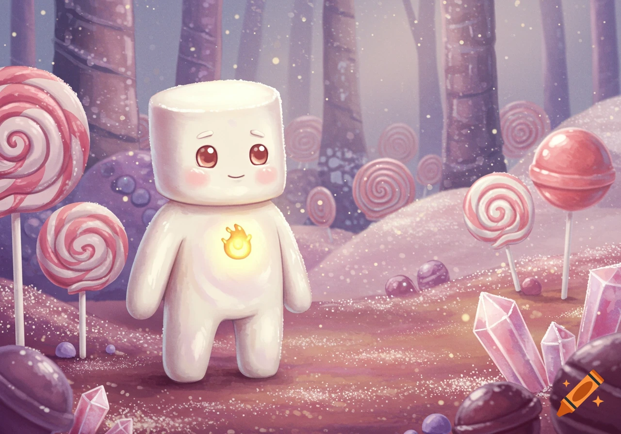 A cute marshmallow character with a glowing flame stands in a dreamy watercolor candy forest with lollipops and sugar crystals.