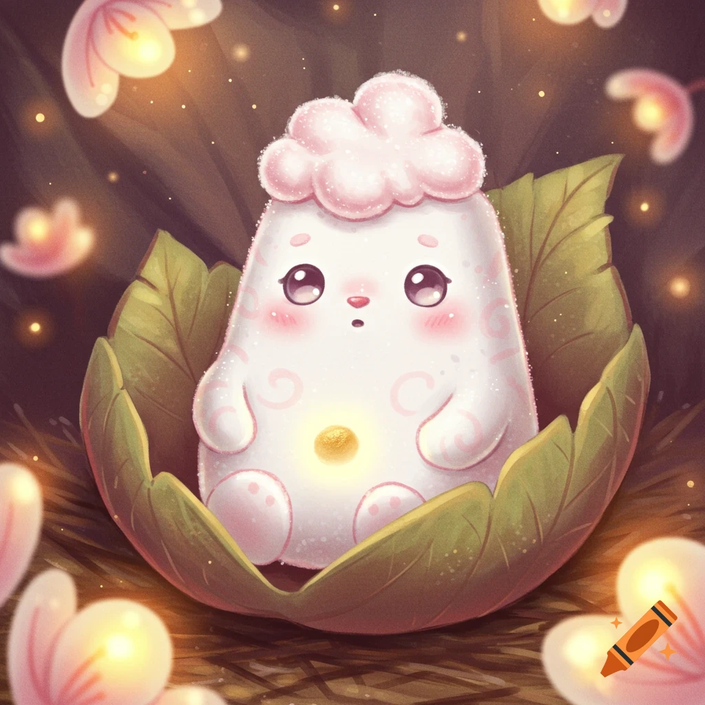 A cute white marshmallow creature with pink cloud hair and a glowing belly sits in a leaf nest amidst magical glowing flowers, in a storybook illustration style.