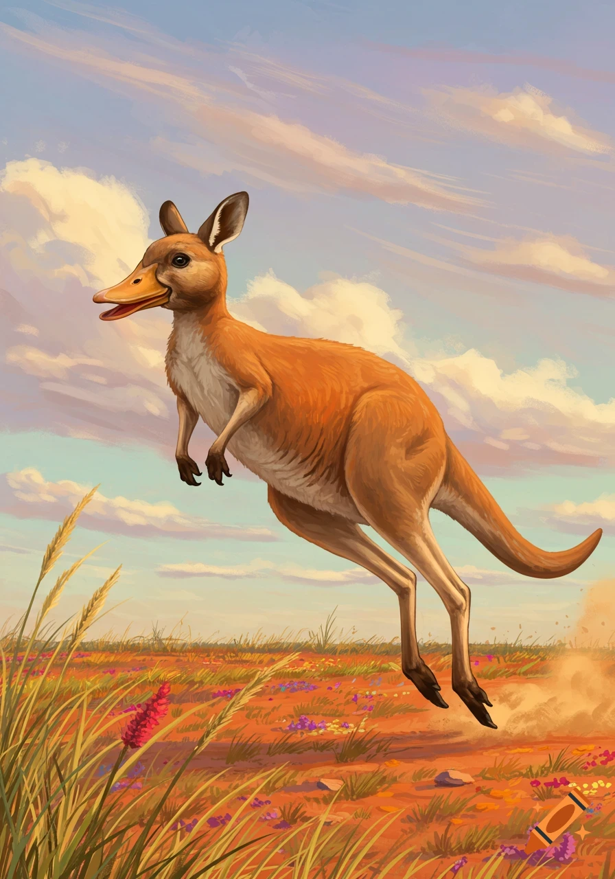 A duck-billed kangaroo hops through a sunny, arid field with wildflowers under a cloudy sky, digital painting.