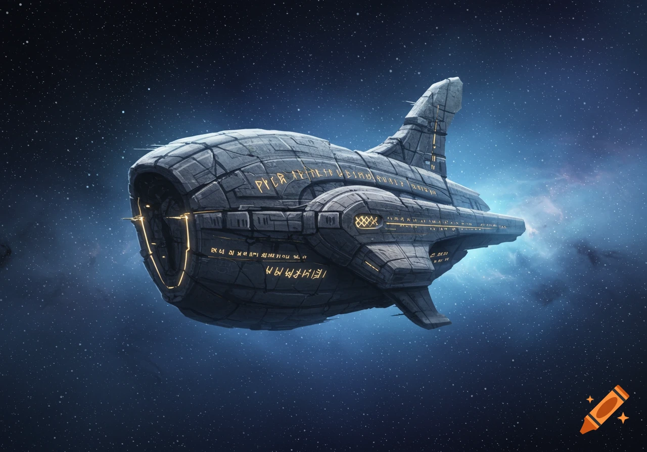 A detailed stone spaceship floats in the vastness of space, with glowing yellow runes etched into its hull.