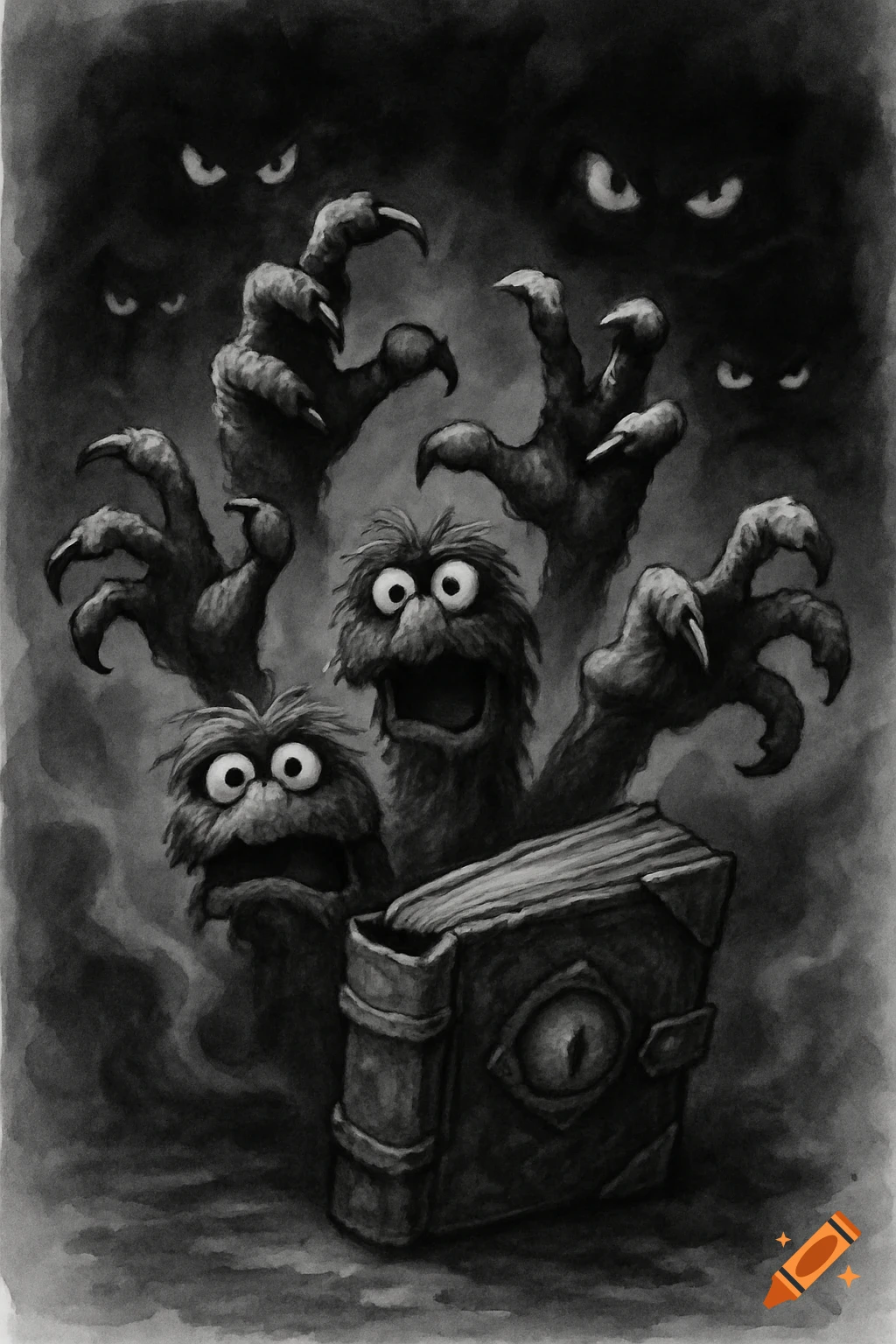 Monochrome watercolor painting of creepy Muppet-like monster hands and faces emerging from an evil spell book, with sinister eyes peering from the dark background.
