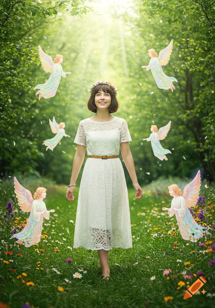 A smiling young woman in a white lace dress and flower crown walks through a sunlit, wildflower-filled forest, surrounded by pastel flying angels.