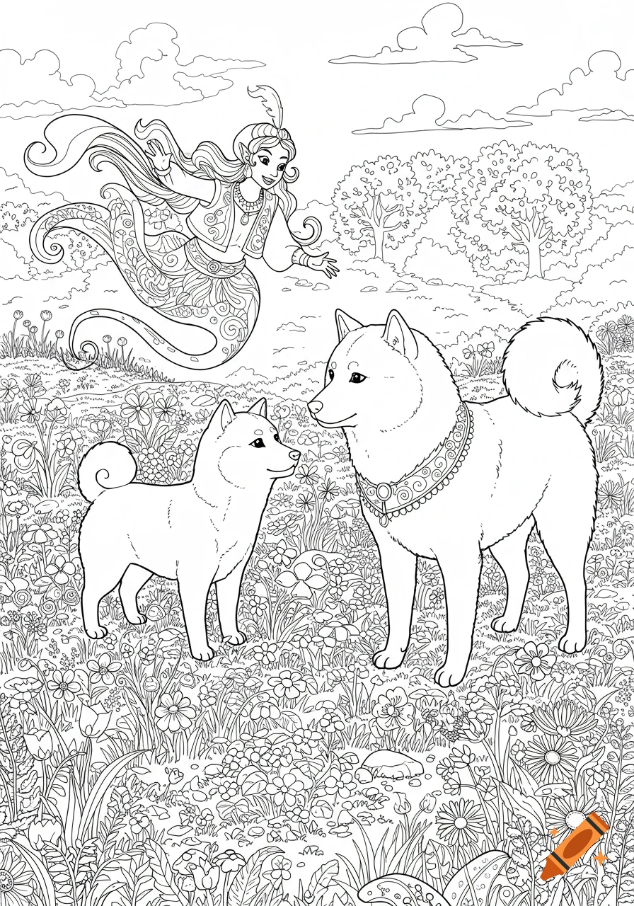 Black and white line drawing for a coloring book showing a genie floating above two shiba dogs in a detailed meadow.
