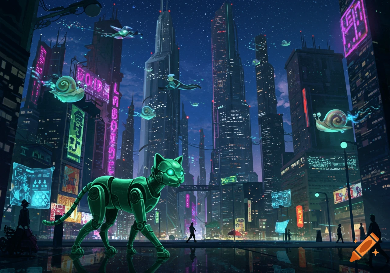A green robot cat walks through a vibrant, neon-lit futuristic city at night, with flying snails and vehicles in the sky.