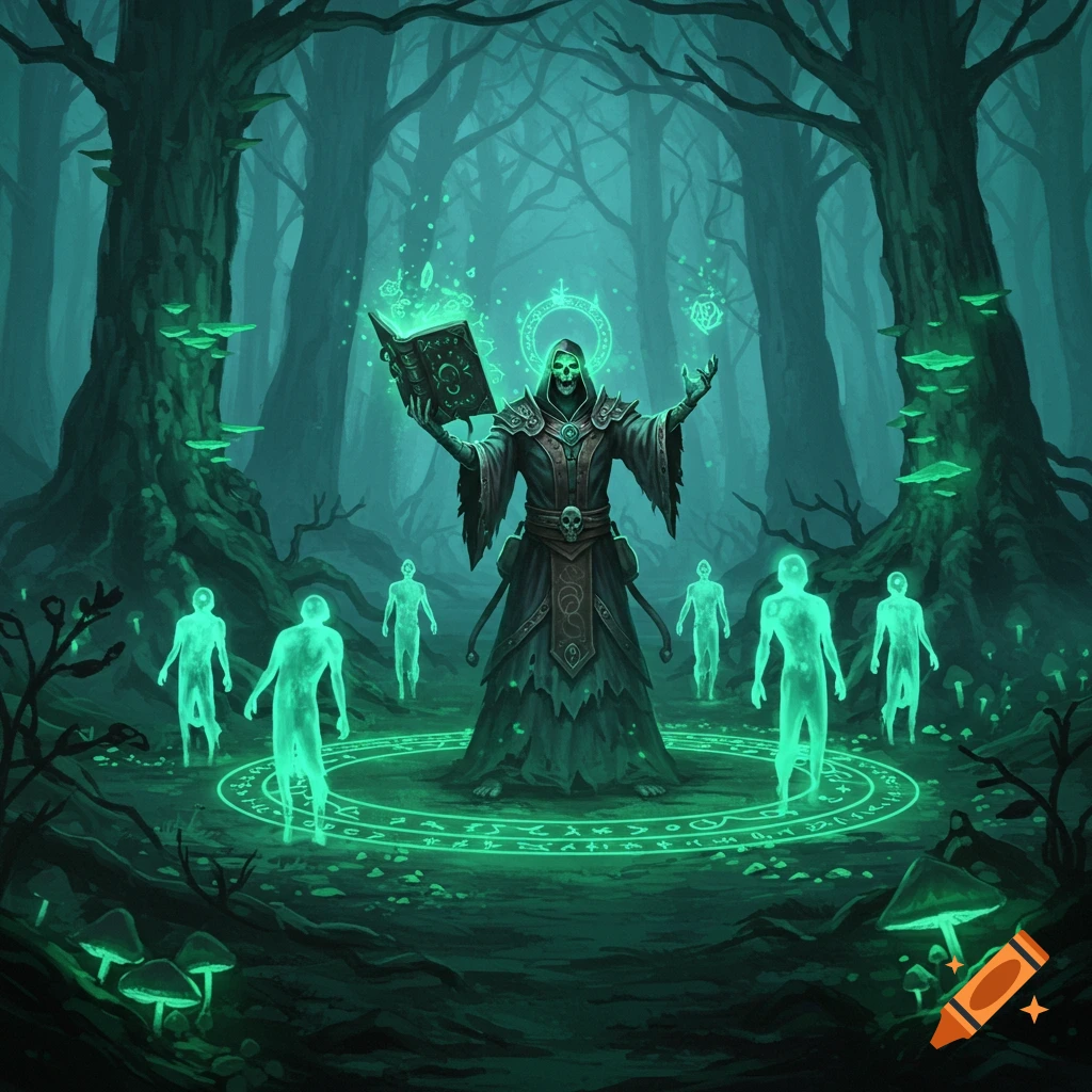 A skeletal necromancer in a dark, glowing forest, summoning spectral figures from a magic circle with an open spellbook.