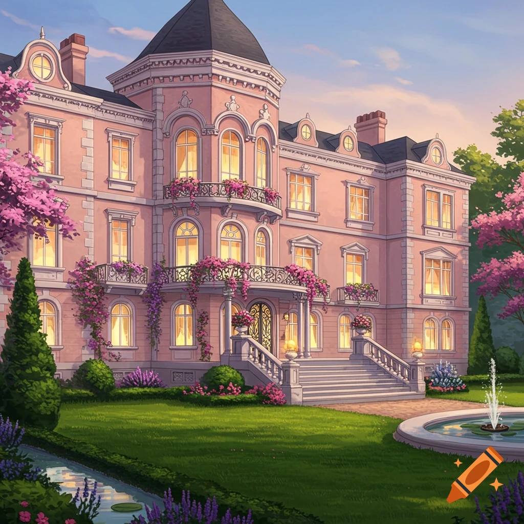 A grand pink mansion with a black roof, lush green garden, flowering trees, a fountain, and a stream in illustrative style.