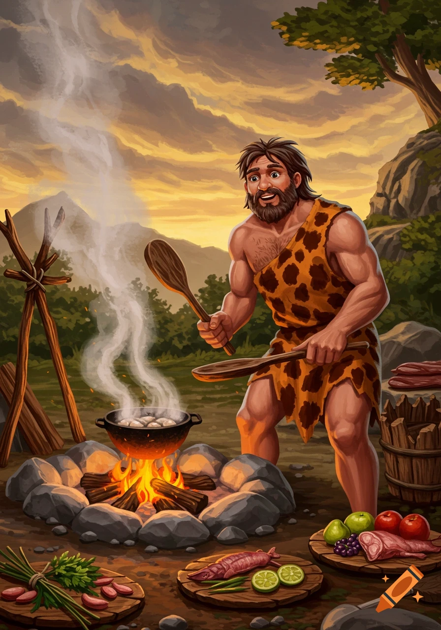 A cartoon caveman in a leopard-print loincloth smiles while cooking over a campfire, with food items on the ground.